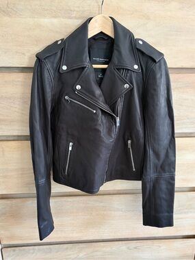 NWOT Club Monaco Black Leather Moto Jacket with Silver Hardware